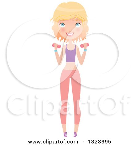 Clipart of a Happy Blond Haired Blue Eyed Caucasian Woman in Fitness Apparel, Working out with Dumbbells - Royalty Free Vector Illustration by Melisende Vector
