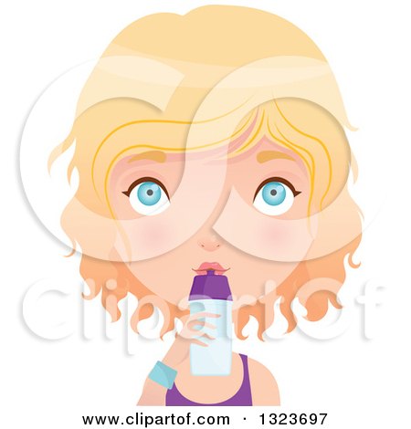 Clipart of an Avatar of a Blond Haired Blue Eyed Caucasian Woman in Fitness Apparel, Drinking from a Shaker Water Bottle - Royalty Free Vector Illustration by Melisende Vector