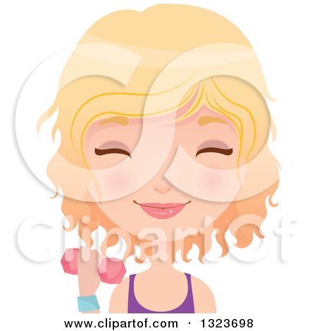 Clipart of a Happy Blond Caucasian Woman Avatar, Working out with Dumbbells - Royalty Free Vector Illustration by Melisende Vector