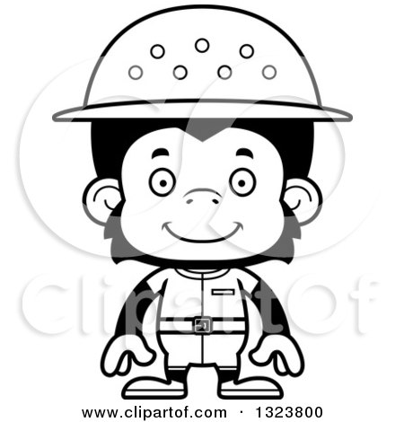 Lineart Clipart of a Cartoon Black and White Happy Chimpanzee Monkey Zookeeper - Royalty Free Outline Vector Illustration by Cory Thoman