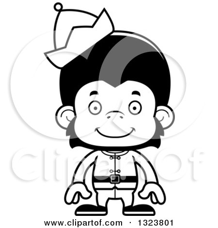 Lineart Clipart of a Cartoon Black and White Happy Christmas Elf Chimpanzee Monkey - Royalty Free Outline Vector Illustration by Cory Thoman