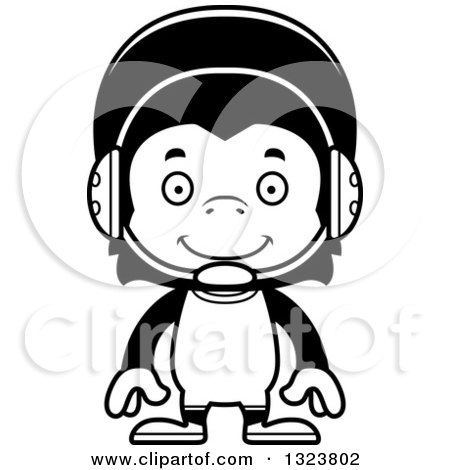 Lineart Clipart of a Cartoon Black and White Happy Chimpanzee Monkey Wrestler - Royalty Free Outline Vector Illustration by Cory Thoman