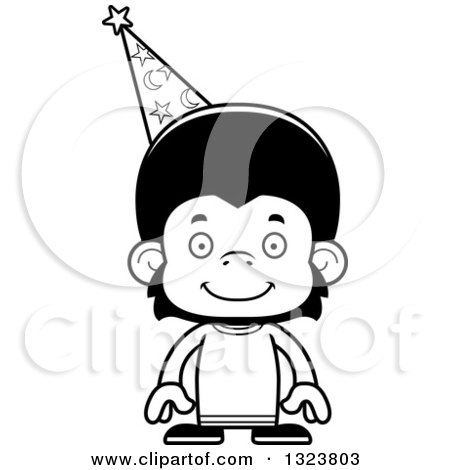 Lineart Clipart of a Cartoon Black and White Happy Chimpanzee Monkey Wizard - Royalty Free Outline Vector Illustration by Cory Thoman