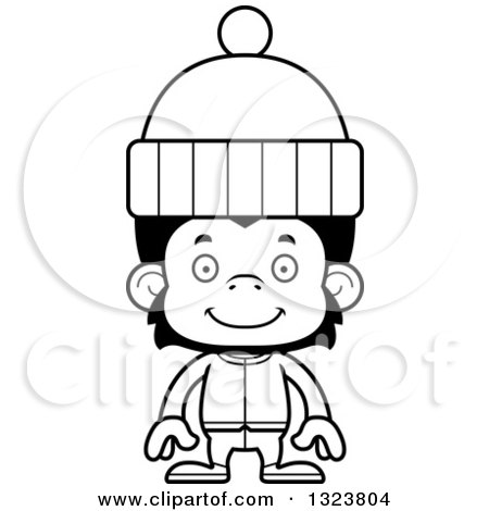 Lineart Clipart of a Cartoon Black and White Happy Chimpanzee Monkey in Winter Clothes - Royalty Free Outline Vector Illustration by Cory Thoman