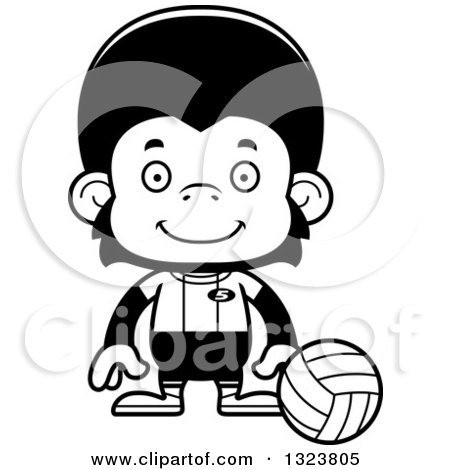 Lineart Clipart of a Cartoon Black and White Happy Chimpanzee Monkey Volleyball Player - Royalty Free Outline Vector Illustration by Cory Thoman