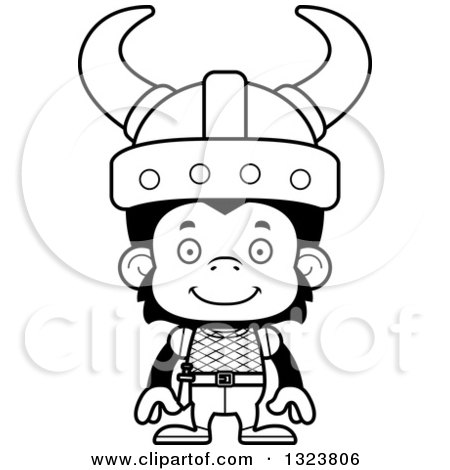 Lineart Clipart of a Cartoon Black and White Happy Chimpanzee Monkey Viking - Royalty Free Outline Vector Illustration by Cory Thoman