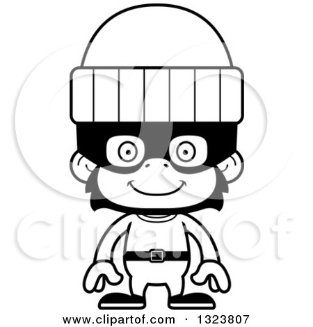 Lineart Clipart of a Cartoon Black and White Happy Chimpanzee Monkey Robber - Royalty Free Outline Vector Illustration by Cory Thoman