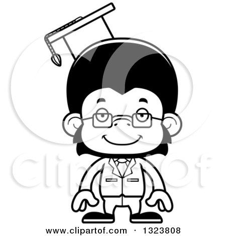 Lineart Clipart of a Cartoon Black and White Happy Chimpanzee Monkey Professor - Royalty Free Outline Vector Illustration by Cory Thoman