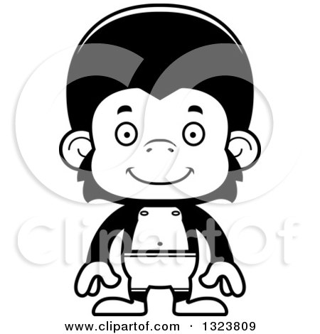 Lineart Clipart of a Cartoon Black and White Happy Chimpanzee Monkey Swimmer - Royalty Free Outline Vector Illustration by Cory Thoman