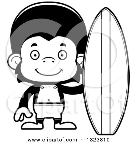 Lineart Clipart of a Cartoon Black and White Happy Chimpanzee Monkey Surfer - Royalty Free Outline Vector Illustration by Cory Thoman