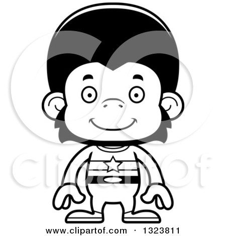 Lineart Clipart of a Cartoon Black and White Happy Chimpanzee Monkey Super Hero - Royalty Free Outline Vector Illustration by Cory Thoman