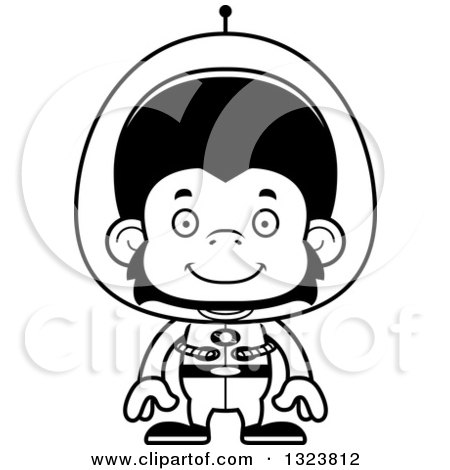 Lineart Clipart of a Cartoon Black and White Happy Futuristic Space Chimpanzee Monkey - Royalty Free Outline Vector Illustration by Cory Thoman
