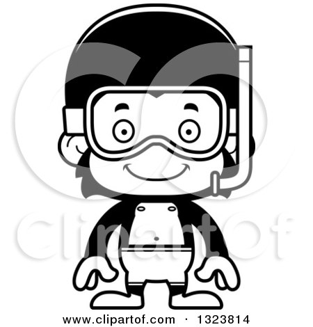 Lineart Clipart of a Cartoon Black and White Happy Chimpanzee Monkey in Snorkel Gear - Royalty Free Outline Vector Illustration by Cory Thoman