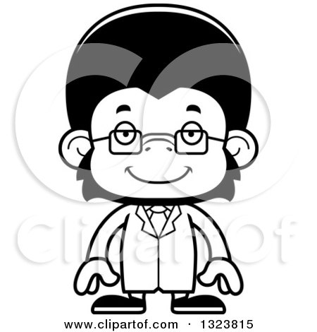 Lineart Clipart of a Cartoon Black and White Happy Chimpanzee Monkey Scientist - Royalty Free Outline Vector Illustration by Cory Thoman