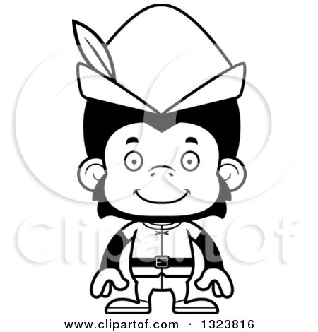 Lineart Clipart of a Cartoon Black and White Happy Robin Hood Chimpanzee Monkey - Royalty Free Outline Vector Illustration by Cory Thoman