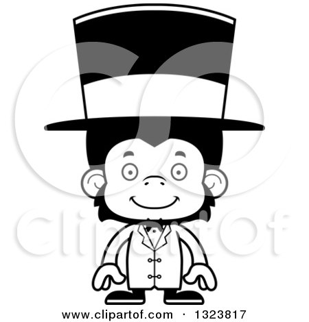 Lineart Clipart of a Cartoon Black and White Happy Chimpanzee Monkey Circus Ringmaster - Royalty Free Outline Vector Illustration by Cory Thoman