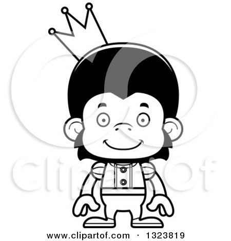 Lineart Clipart of a Cartoon Black and White Happy Chimpanzee Monkey Prince - Royalty Free Outline Vector Illustration by Cory Thoman