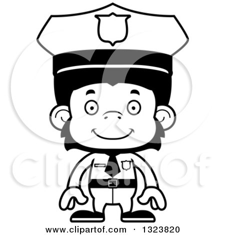 Lineart Clipart of a Cartoon Black and White Happy Chimpanzee Monkey Police Officer - Royalty Free Outline Vector Illustration by Cory Thoman