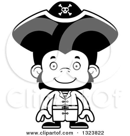 Lineart Clipart of a Cartoon Black and White Happy Chimpanzee Monkey Pirate - Royalty Free Outline Vector Illustration by Cory Thoman