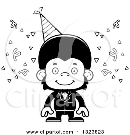 Lineart Clipart of a Cartoon Black and White Happy Party Chimpanzee Monkey - Royalty Free Outline Vector Illustration by Cory Thoman