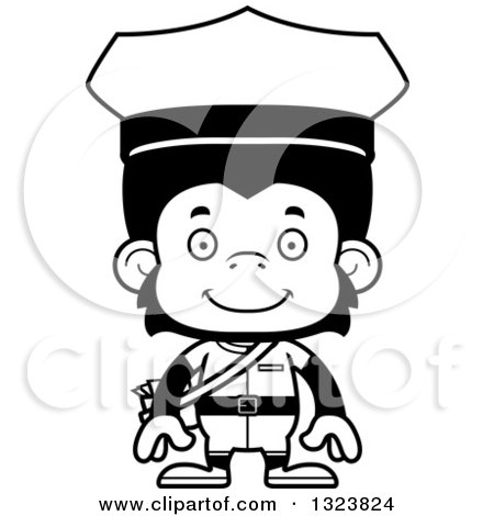 Lineart Clipart of a Cartoon Black and White Happy Chimpanzee Monkey Mailman - Royalty Free Outline Vector Illustration by Cory Thoman