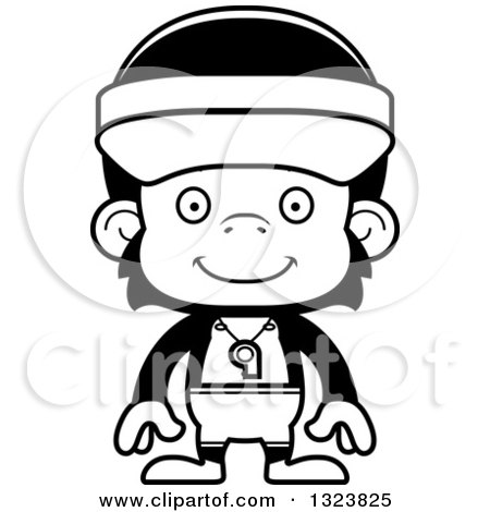 Lineart Clipart of a Cartoon Black and White Happy Chimpanzee Monkey Lifeguard - Royalty Free Outline Vector Illustration by Cory Thoman