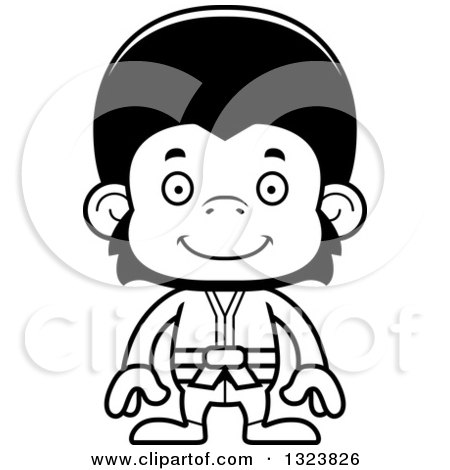 Lineart Clipart of a Cartoon Black and White Happy Karate Chimpanzee Monkey - Royalty Free Outline Vector Illustration by Cory Thoman