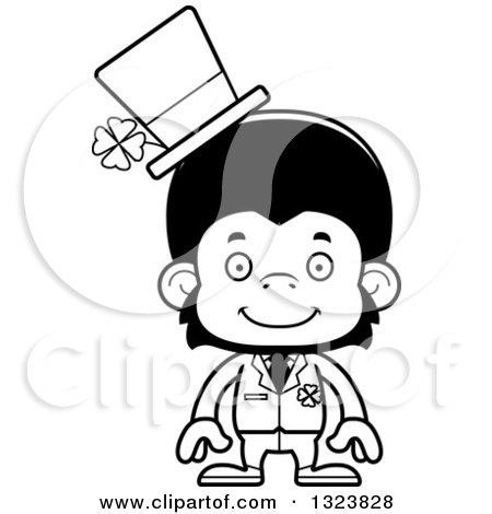 Lineart Clipart of a Cartoon Black and White Happy St Patricks Day Chimpanzee Monkey - Royalty Free Outline Vector Illustration by Cory Thoman