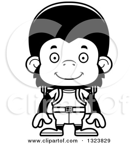 Lineart Clipart of a Cartoon Black and White Happy Chimpanzee Monkey Hiker - Royalty Free Outline Vector Illustration by Cory Thoman