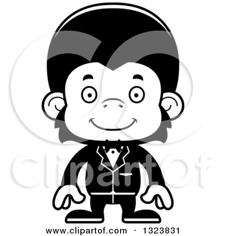 Lineart Clipart of a Cartoon Black and White Happy Chimpanzee Monkey Groom - Royalty Free Outline Vector Illustration by Cory Thoman