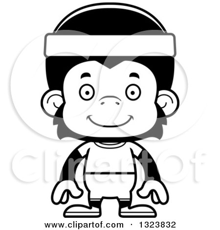 Lineart Clipart of a Cartoon Black and White Happy Fitness Chimpanzee Monkey - Royalty Free Outline Vector Illustration by Cory Thoman