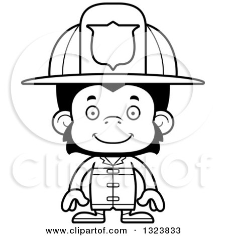 Lineart Clipart of a Cartoon Black and White Happy Chimpanzee Monkey Firefighter - Royalty Free Outline Vector Illustration by Cory Thoman