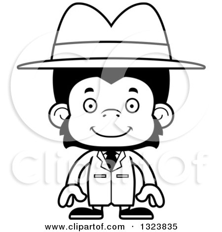 Lineart Clipart of a Cartoon Black and White Happy Chimpanzee Monkey Detective - Royalty Free Outline Vector Illustration by Cory Thoman