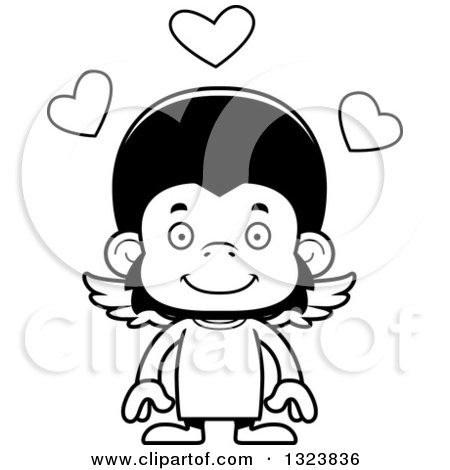 Lineart Clipart of a Cartoon Black and White Happy Chimpanzee Monkey Cupid - Royalty Free Outline Vector Illustration by Cory Thoman