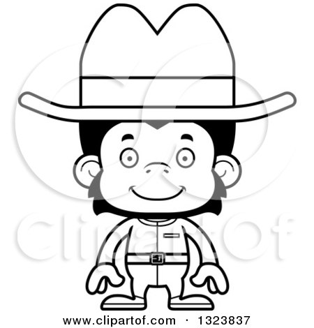 Lineart Clipart of a Cartoon Black and White Happy Chimpanzee Monkey Cowboy - Royalty Free Outline Vector Illustration by Cory Thoman