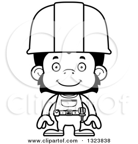 Lineart Clipart of a Cartoon Black and White Happy Chimpanzee Monkey Construction Worker - Royalty Free Outline Vector Illustration by Cory Thoman