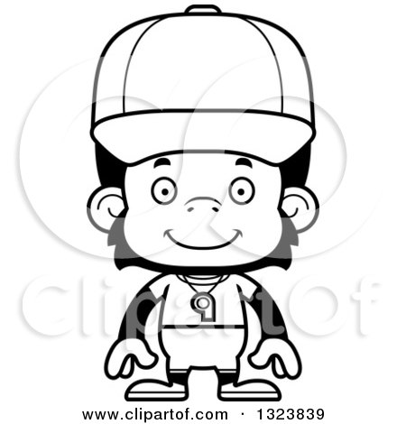 Lineart Clipart of a Cartoon Black and White Happy Chimpanzee Monkey Coach - Royalty Free Outline Vector Illustration by Cory Thoman