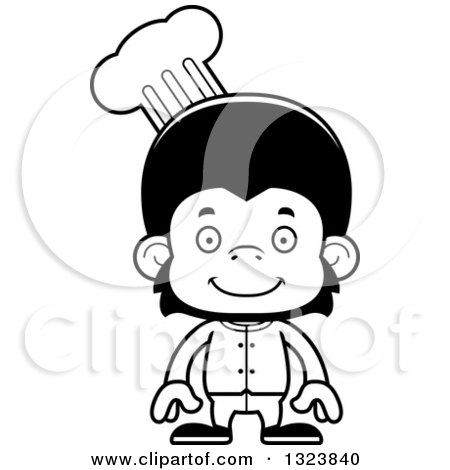 Lineart Clipart of a Cartoon Black and White Happy Chimpanzee Monkey - Royalty Free Outline Vector Illustration by Cory Thoman