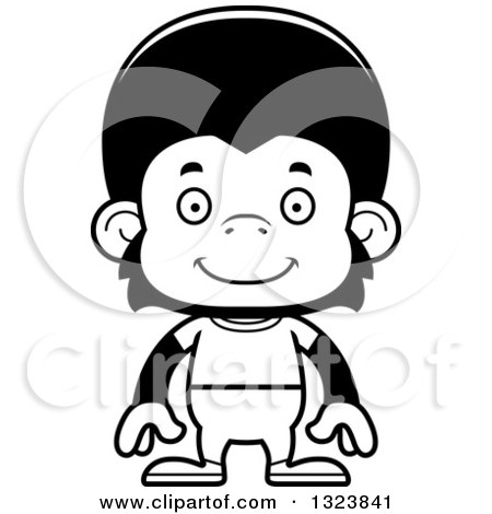 Lineart Clipart of a Cartoon Black and White Happy Casual Chimpanzee Monkey - Royalty Free Outline Vector Illustration by Cory Thoman