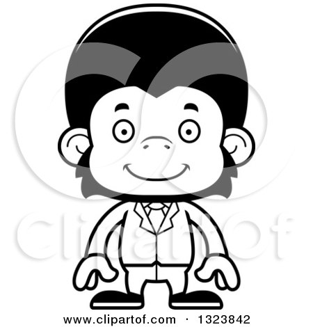 Lineart Clipart of a Cartoon Black and White Happy Business Chimpanzee Monkey - Royalty Free Outline Vector Illustration by Cory Thoman