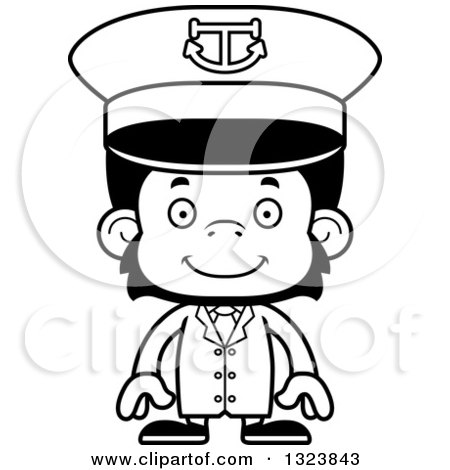 Lineart Clipart of a Cartoon Black and White Happy Chimpanzee Monkey Captain - Royalty Free Outline Vector Illustration by Cory Thoman