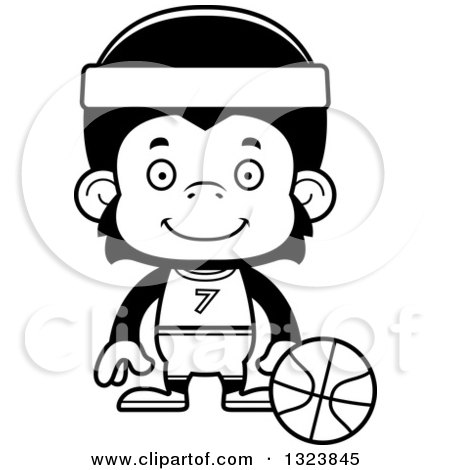Lineart Clipart of a Cartoon Black and White Happy Chimpanzee Monkey Basketball Player - Royalty Free Outline Vector Illustration by Cory Thoman