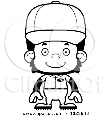 Lineart Clipart of a Cartoon Black and White Happy Chimpanzee Monkey Baseball Player - Royalty Free Outline Vector Illustration by Cory Thoman