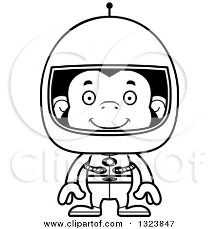 Lineart Clipart of a Cartoon Black and White Happy Chimpanzee Monkey Astronaut - Royalty Free Outline Vector Illustration by Cory Thoman