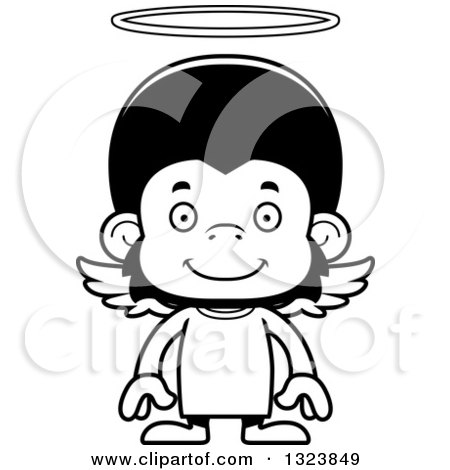 Lineart Clipart of a Cartoon Black and White Happy Chimpanzee Monkey Angel - Royalty Free Outline Vector Illustration by Cory Thoman