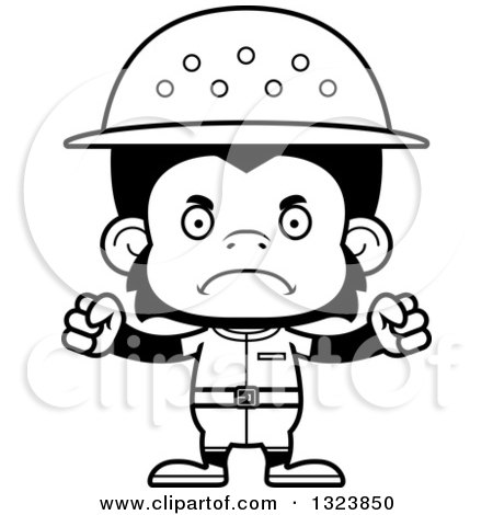 Lineart Clipart of a Cartoon Black and White Mad Chimpanzee Monkey Zookeeper - Royalty Free Outline Vector Illustration by Cory Thoman