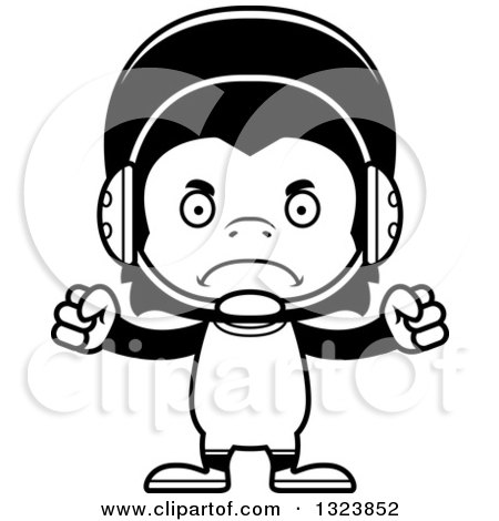 Lineart Clipart of a Cartoon Black and White Mad Chimpanzee Monkey Wrestler - Royalty Free Outline Vector Illustration by Cory Thoman
