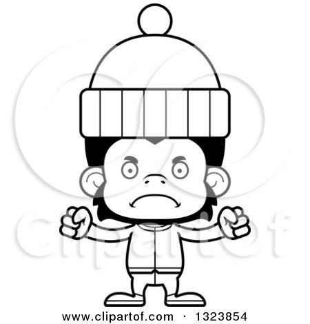 Lineart Clipart of a Cartoon Black and White Mad Chimpanzee Monkey in Winter Clothes - Royalty Free Outline Vector Illustration by Cory Thoman