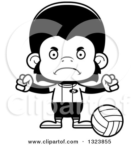 Lineart Clipart of a Cartoon Black and White Mad Chimpanzee Monkey Volleyball Player - Royalty Free Outline Vector Illustration by Cory Thoman