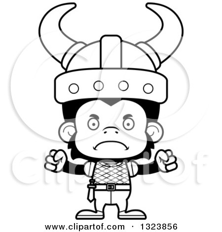 Lineart Clipart of a Cartoon Black and White Mad Chimpanzee Monkey Viking - Royalty Free Outline Vector Illustration by Cory Thoman